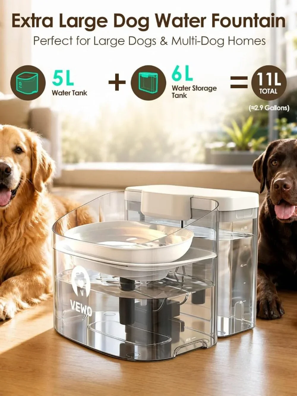 VEWO W16-L 11L Large Dog Water Fountain No Spill Automatic Dispenser White NEW